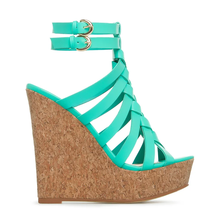 Turquoise Cork Wedges Open Toe Ankle Strap Platform Sandals |FSJ Shoes