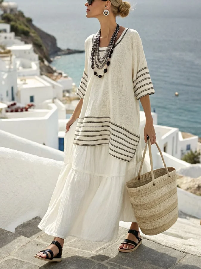 Women's Resort Round Neck Striped Ruffle Skirt Set 