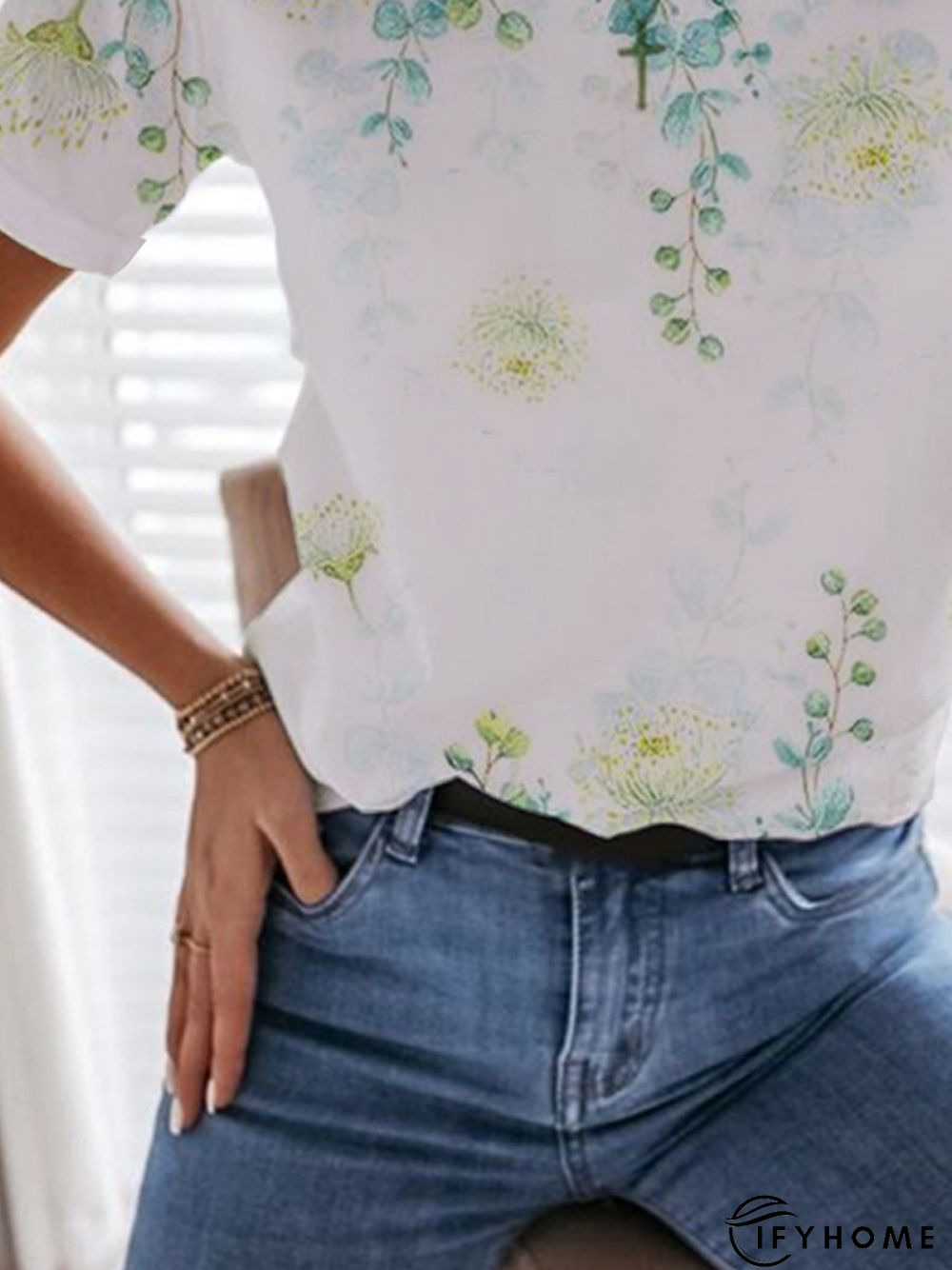 Floral Short Sleeve Printed Cotton-blend Crew Neck Casual Summer White Top | IFYHOME