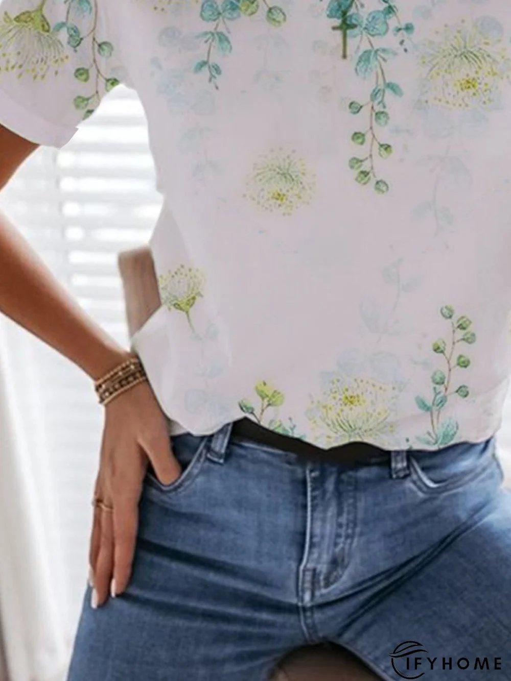 Floral Short Sleeve Printed Cotton-blend Crew Neck Casual Summer White Top | IFYHOME