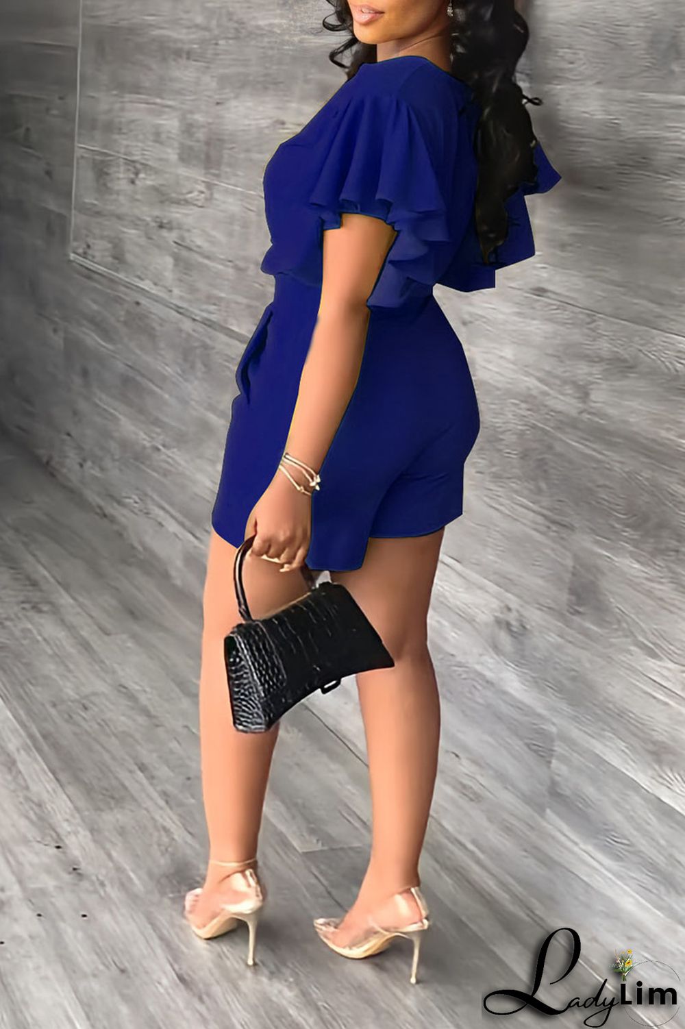 Blue Casual Solid Patchwork Flounce V Neck Short Sleeve Two Pieces