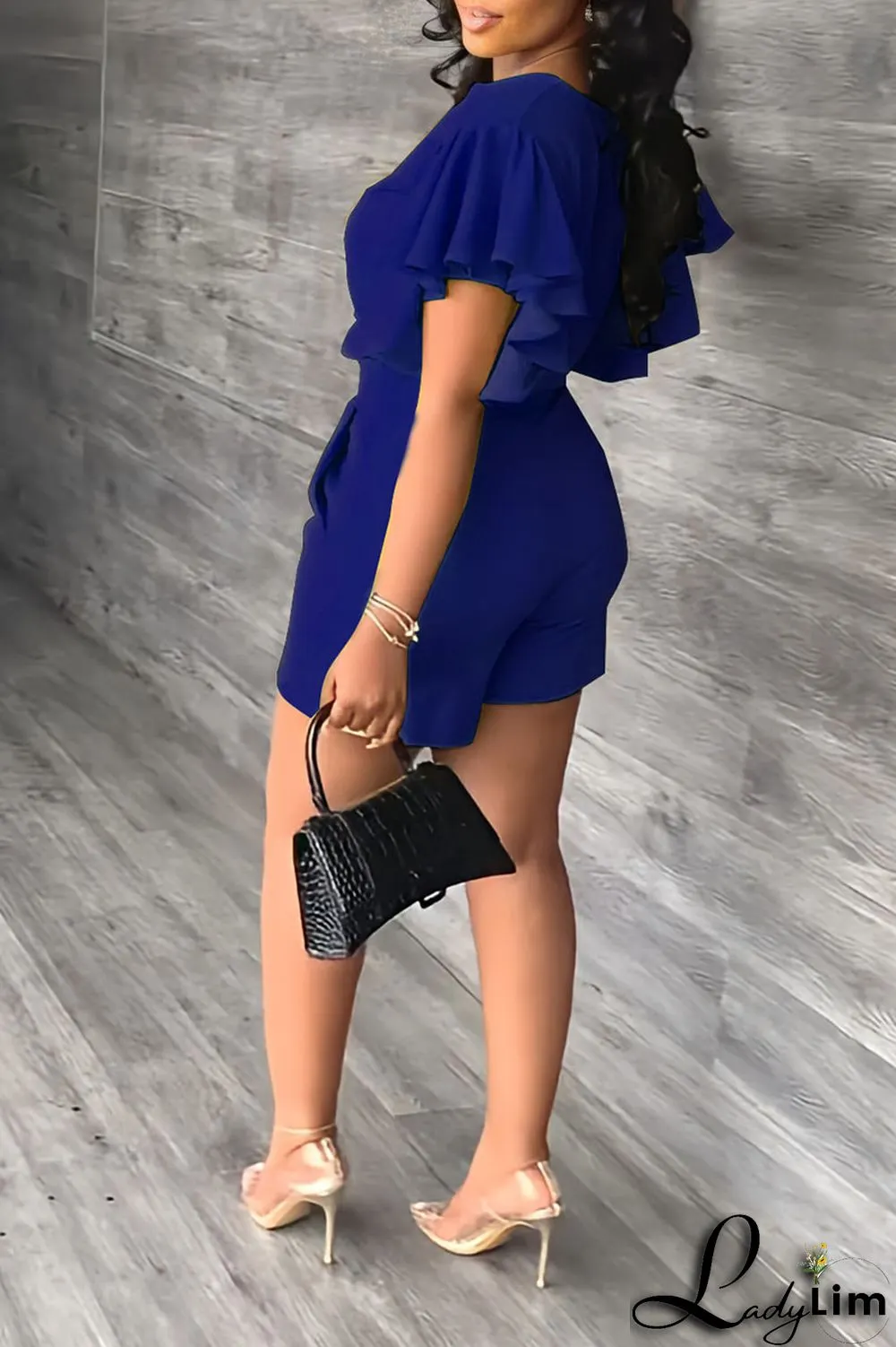 Blue Casual Solid Patchwork Flounce V Neck Short Sleeve Two Pieces