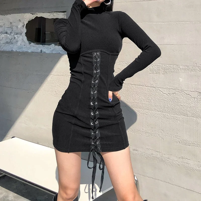 HEYounGIRL Tie Up Bandage Black Bodycon Dress Autumn Basic Long Sleeve Knitted Mini Dresses Ladies Skinny Casual Winter Fashion