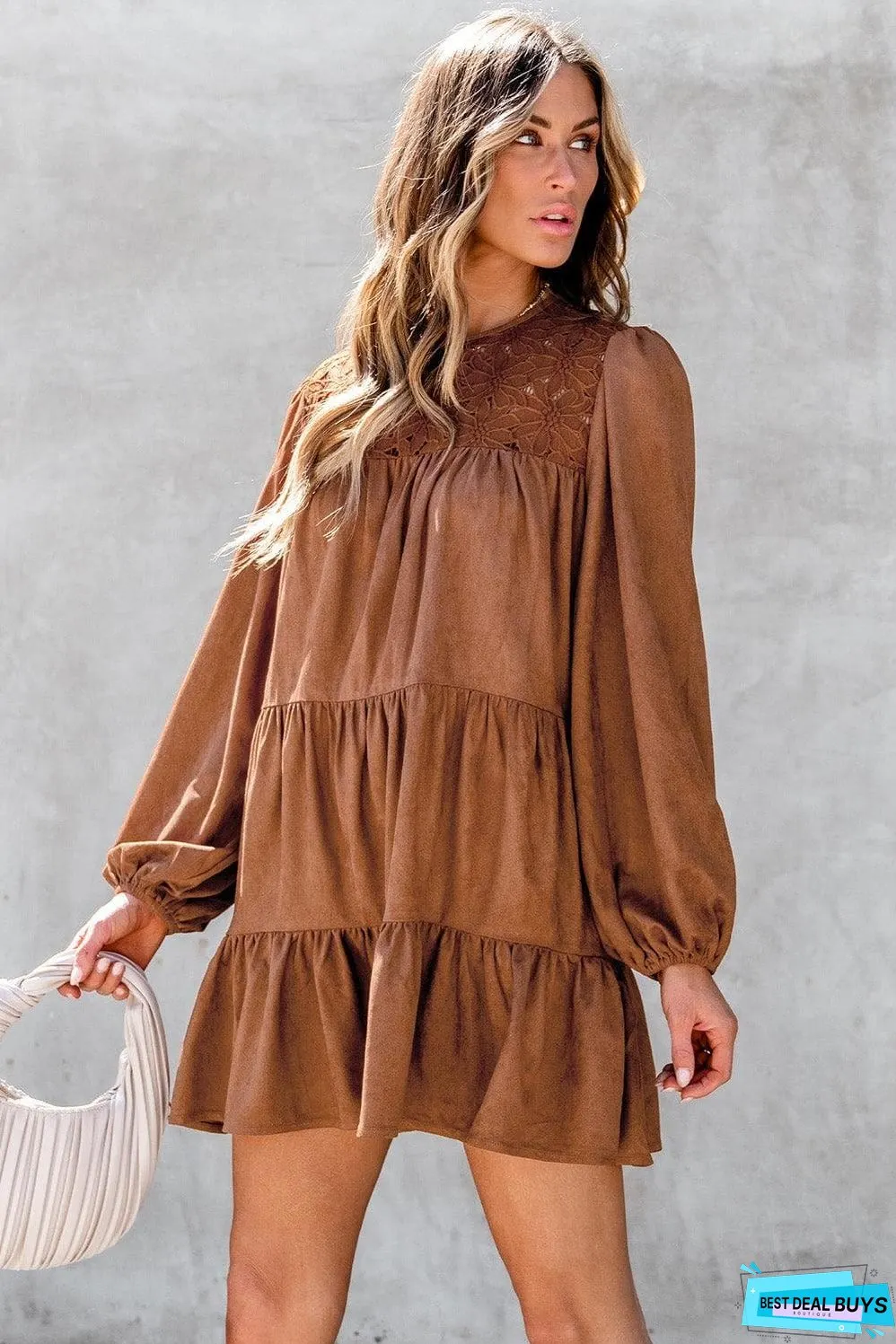 Chestnut Floral Lace Crochet Tiered Ruffled Mini Dress