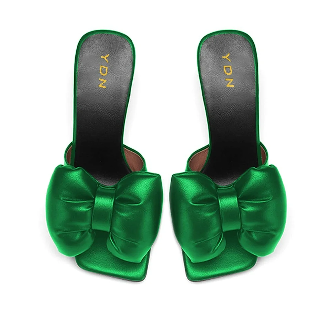 Square Toe Decorative Heel Bow Rhinestone Mules Shoes in Green