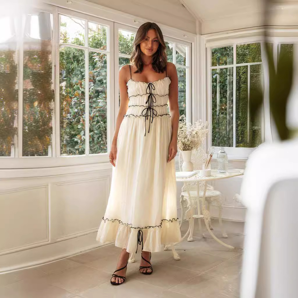Mature Women Summer Suspender Spaghetti Strap Long Dresses With Bow Pleat Design Fashion Sweet Bow Beach Dress