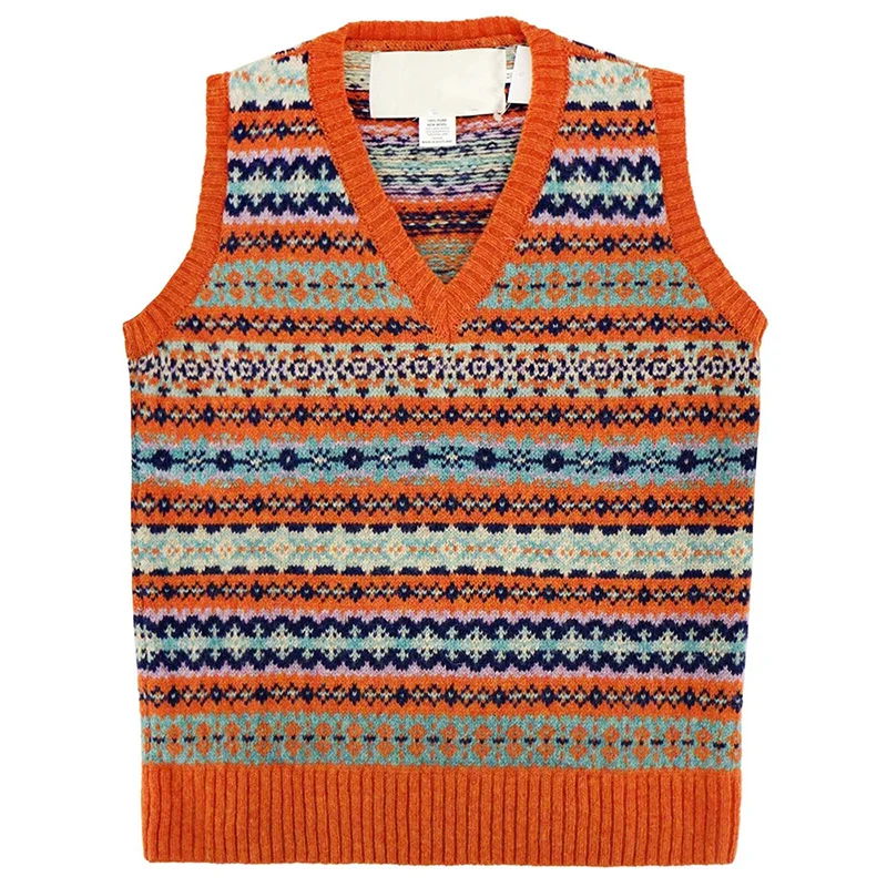 Vintage Geometric Pattern Icelandic Knitted V-Neck Vest Sweater