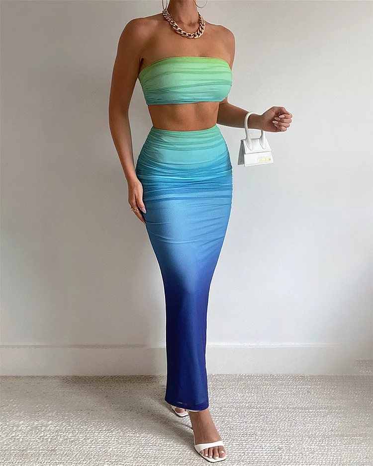 Trendy Iridescent Wrap Top and Fitted Skirt