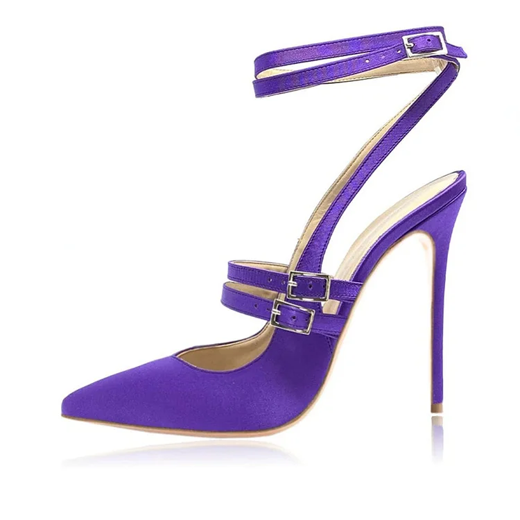 Purple Satin Strappy Stiletto Heels Pointed Toe Buckle Pumps Shoes |FSJ Shoes