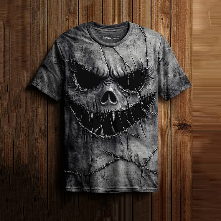 Vintage Halloween Horror Scary Face Stitch Printed Casual Loose T-shirt