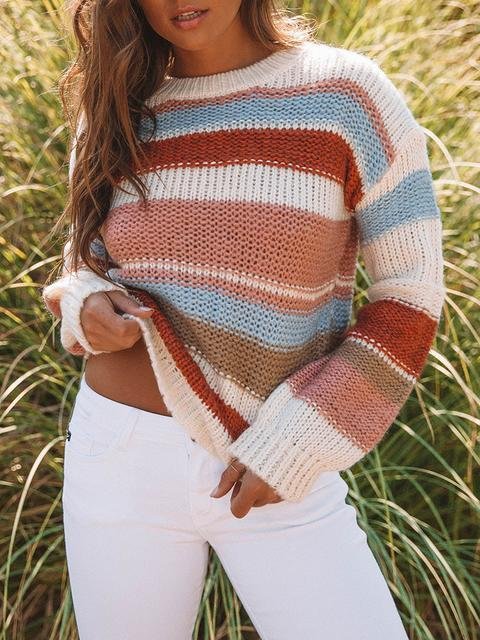Color Block Cable-knit Round Neck Sweater-elleschic