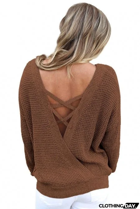 Brown Cross Back Hollow-out Sweater