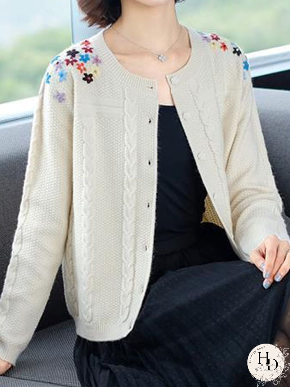 Women Fashion Floral Embroidery Cable Knit Button Front Sweater Jacket