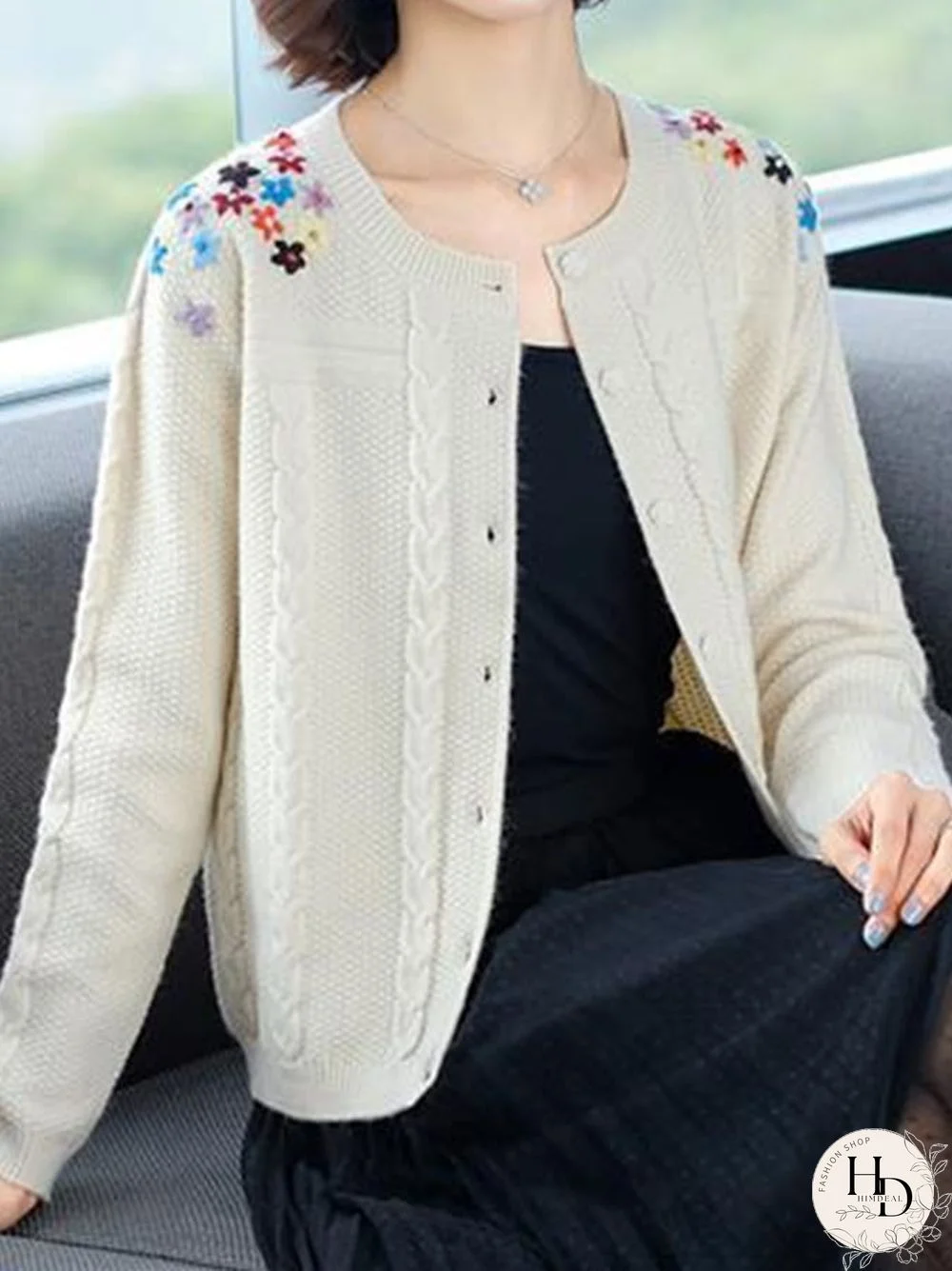 Women Fashion Floral Embroidery Cable Knit Button Front Sweater Jacket