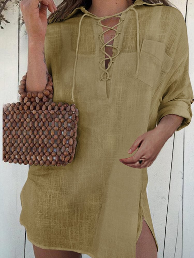 Solid Color Lace up Turn Down Collar Casual Loose Blouse P1736760
