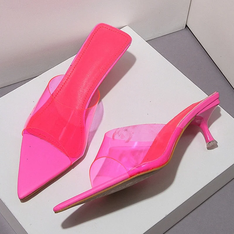Red Green PVC Transparent Jelly Shoes For Women Sexy Pointed Open Toe Shallow Slider Slippers Ladies Sandals Stiletto Heels Mule