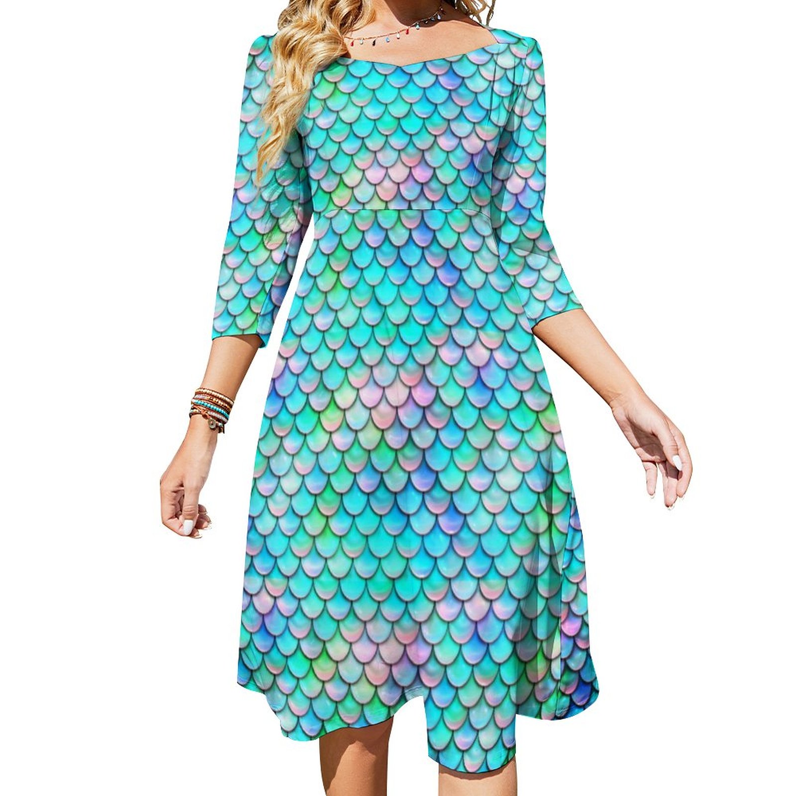 Fish Scale Mermaid Cute Dress Sweetheart Tie Back Flared 3/4 Sleeve Midi Dresses