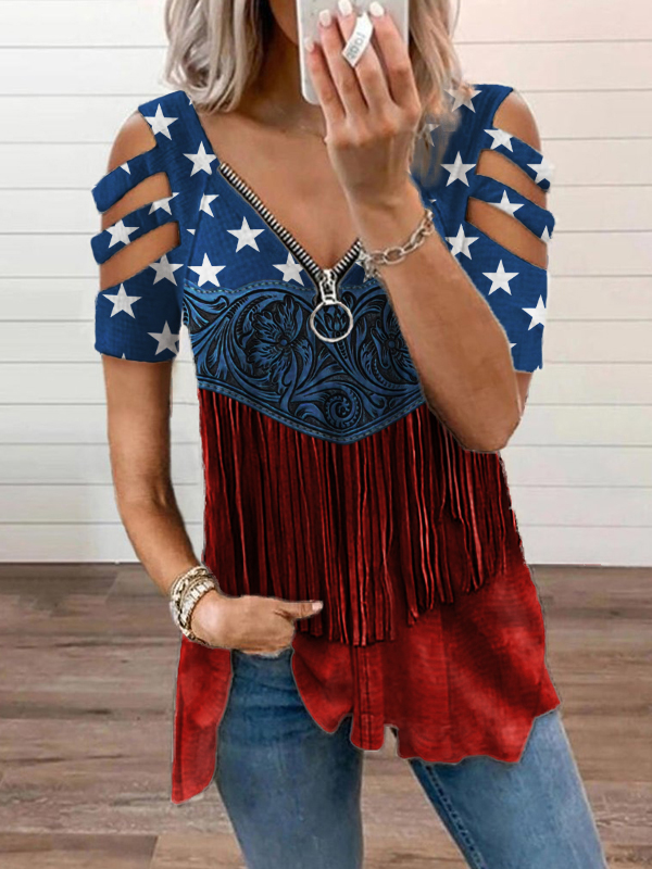 Comstylish American Flag Floral Embossed Tassels Hollow Shoulder T Shirt