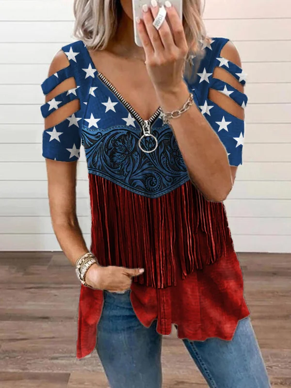 American Flag Floral Embossed Tassels Hollow Shoulder T Shirt