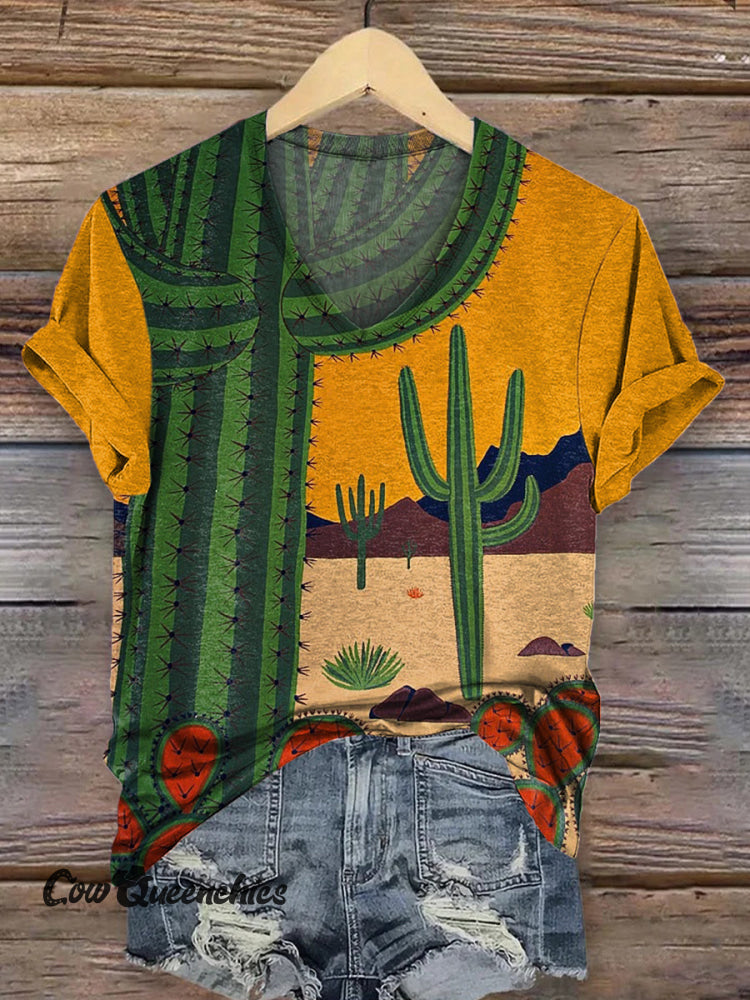 Classic Cactus Print Casual V-Neck T-Shirt Multicolor / S
