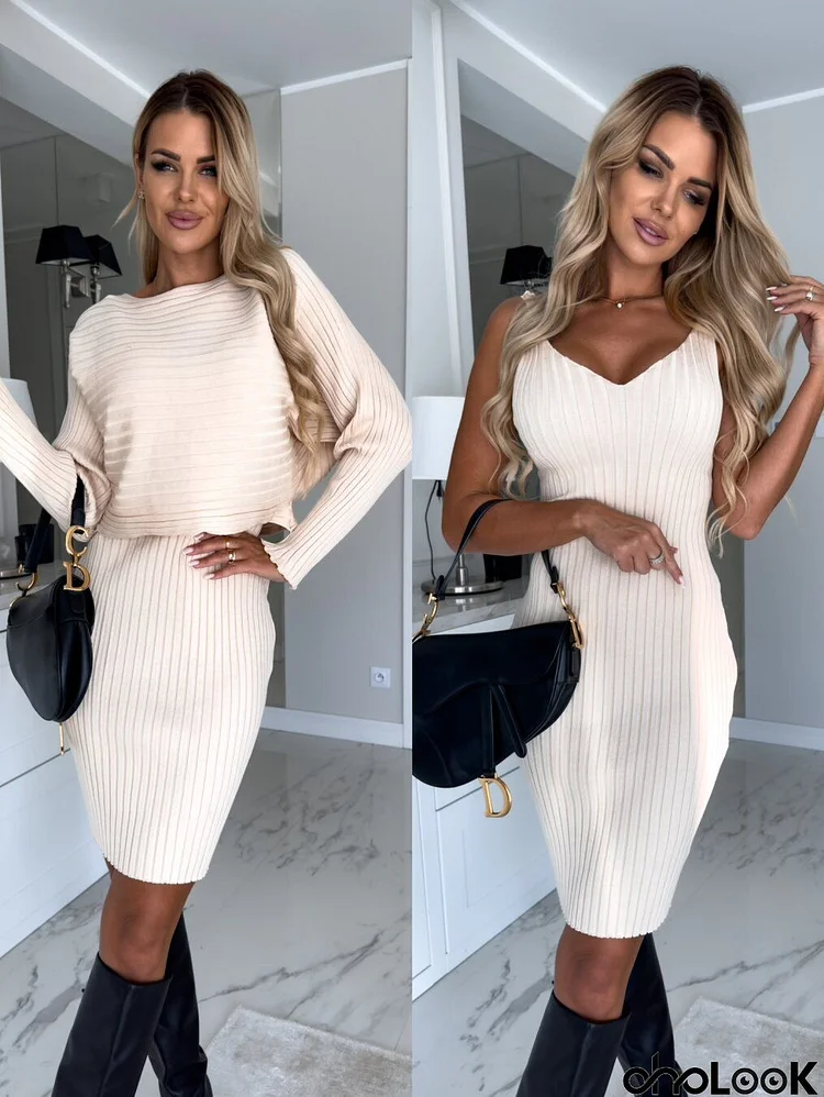 Women Fashion V-Neck Sling Pit Strip Dress Long Sleeve Top Shawl Two-Piece Set