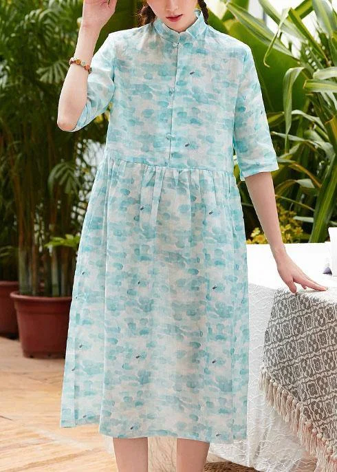 Modern stand collar patchwork linen clothes For Women Shape blue green print Dresses summer