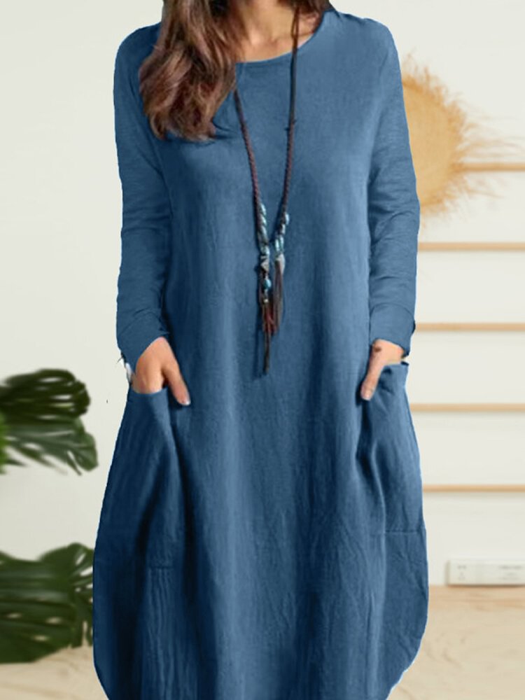 Solid Dual Pocket Long Sleeve Crew Neck Vintage Dress - Life is Beautiful for You - SheChoic