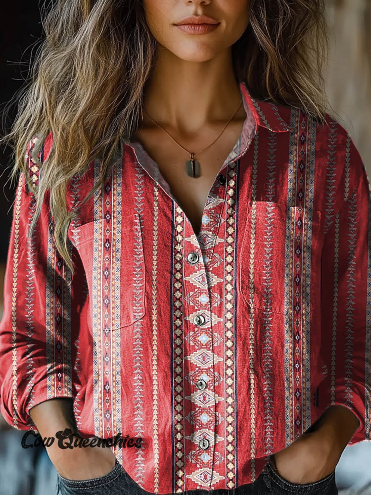 Women’s Retro Pink Aztec Stripes Art Print Casual Long Sleeve Comfortable Cotton Shirt Multicolor