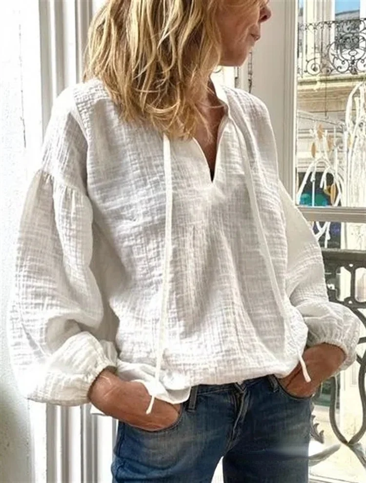 Women's Retro Lantern Sleeve V-neck Cotton Linen Shirt