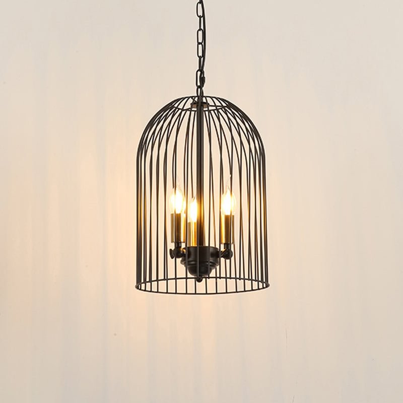 Birdcage Living Room Pendant Chandelier Traditional Metal 3 Lights Black Hanging Fixture with Candle Shade