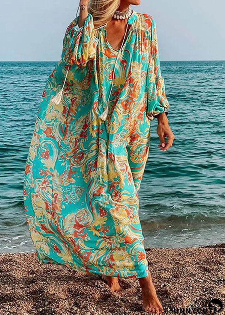 Women Green Oversized Print Cotton Loose Beach Dresses Long Sleeve