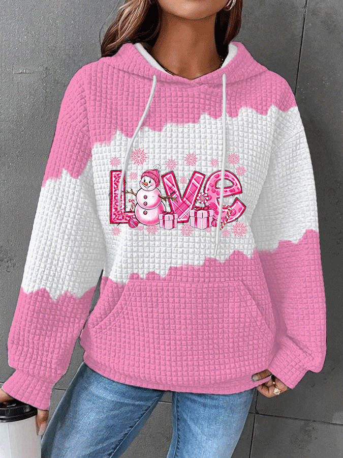Women's Love Pink Christmas Snowman Print Waffle Sweatshirt Hoodie