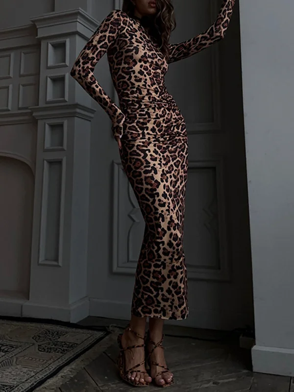 Leopard Printed Bodycon Long Sleeves Round-Neck Maxi Dresses