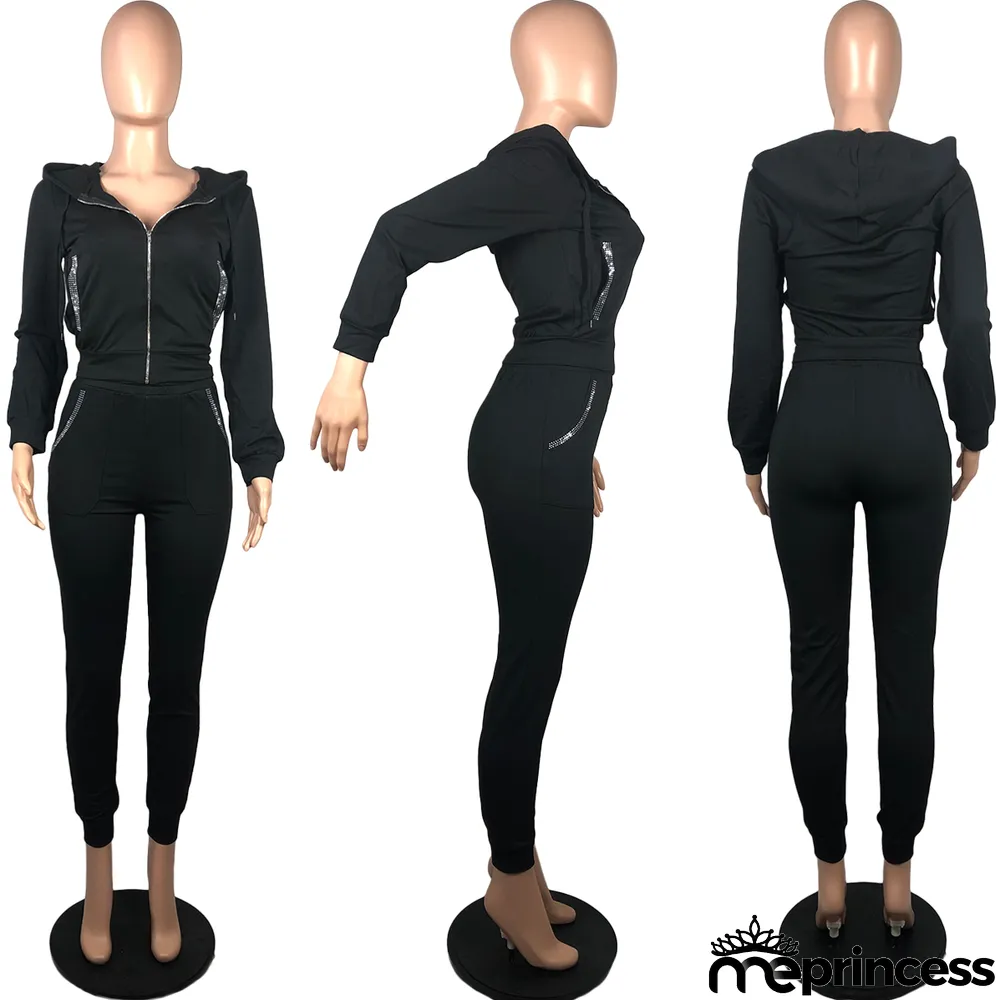 Solid Color Hooded Sports Casual Two Piece Set