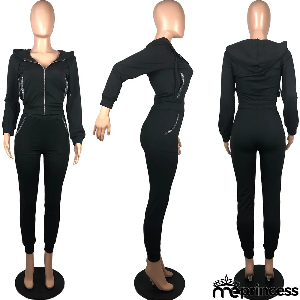 Solid Color Hooded Sports Casual Two Piece Set