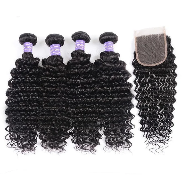 Remy Hair 4 Bundles Natural Black Brazilian Deep Wave Human Hair Bundles With Closure Youth Series