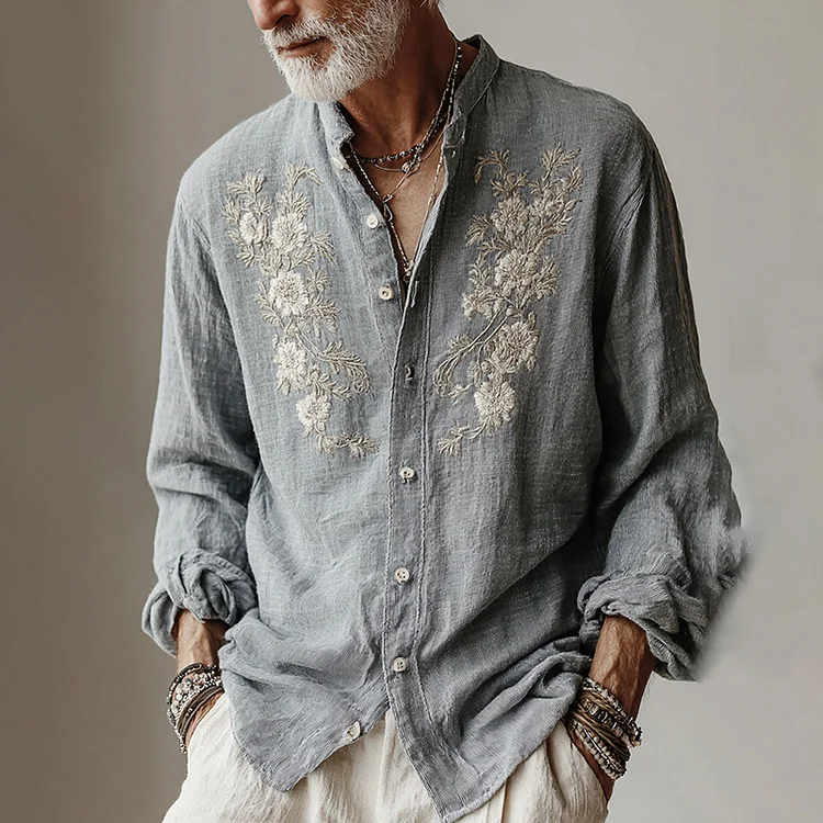 Men's Japanese Floral Art Print Casual Button Shirt