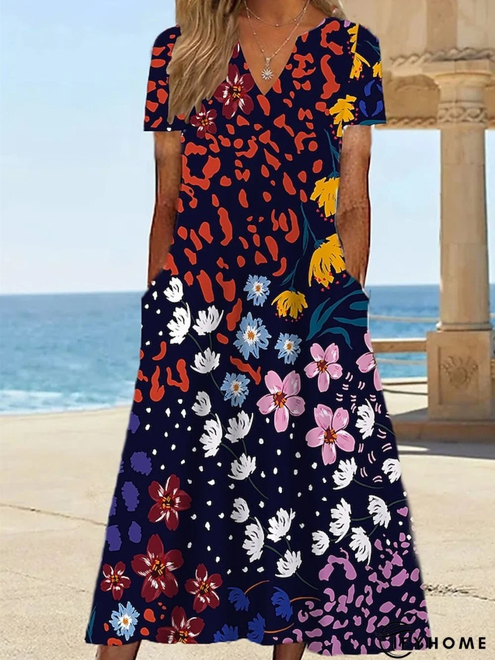 Women's Casual Dress Shift Dress Sundress Floral Pocket Print V Neck Midi Dress | IFYHOME