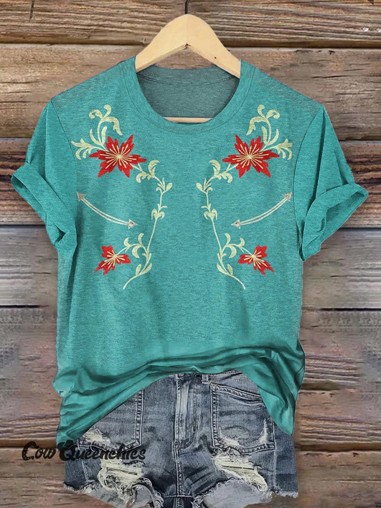 Western Art Print Round Neck Short Sleeves T-shirt Multicolor / S