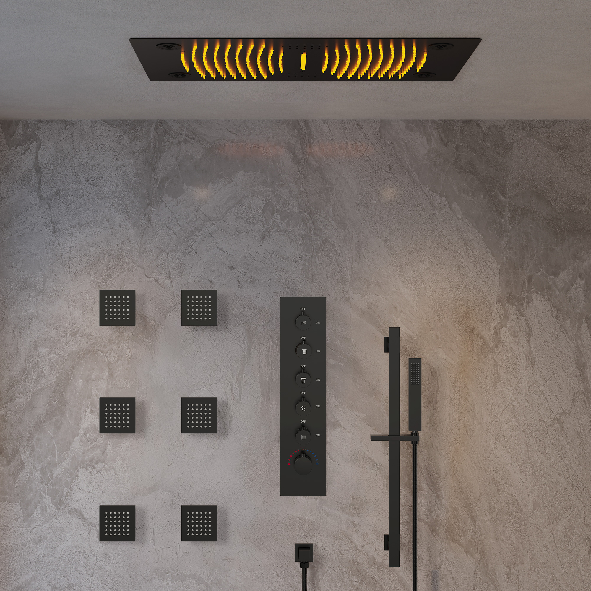 Bluetooth Music & LED Luxury Shower System, 28" x 16" Ceiling-Mount Rainfall Shower Head with 6 Body Jets & Slide Bar, Matte Black