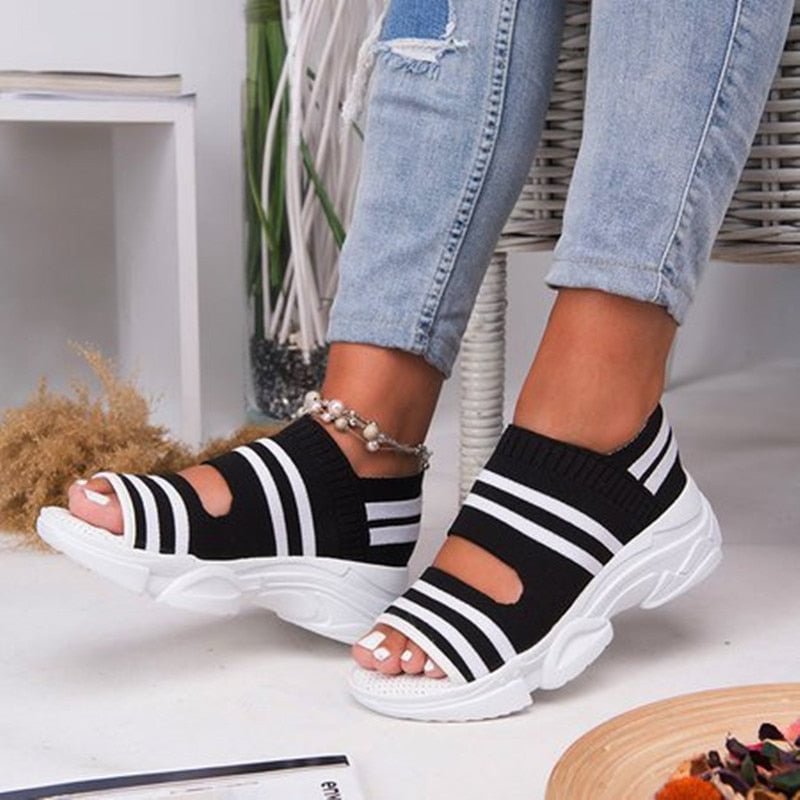 New Women Sandals 2021 High Heels Platform Women Shoes Summer Female flats Knitting Slip On Peep Toe casual Women Sandals