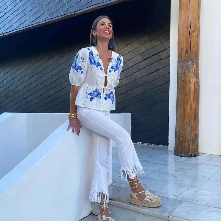 Nigikala Nigikala Women's V-Neck Tie With Printed Short-Sleeved Top - Explosive Long-Term Stocking Assured Shelves