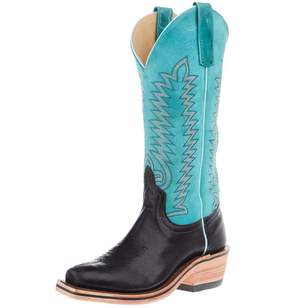 Black & Turquoise Embroidered Square Toe Stacked Heel Cowgirl Boots