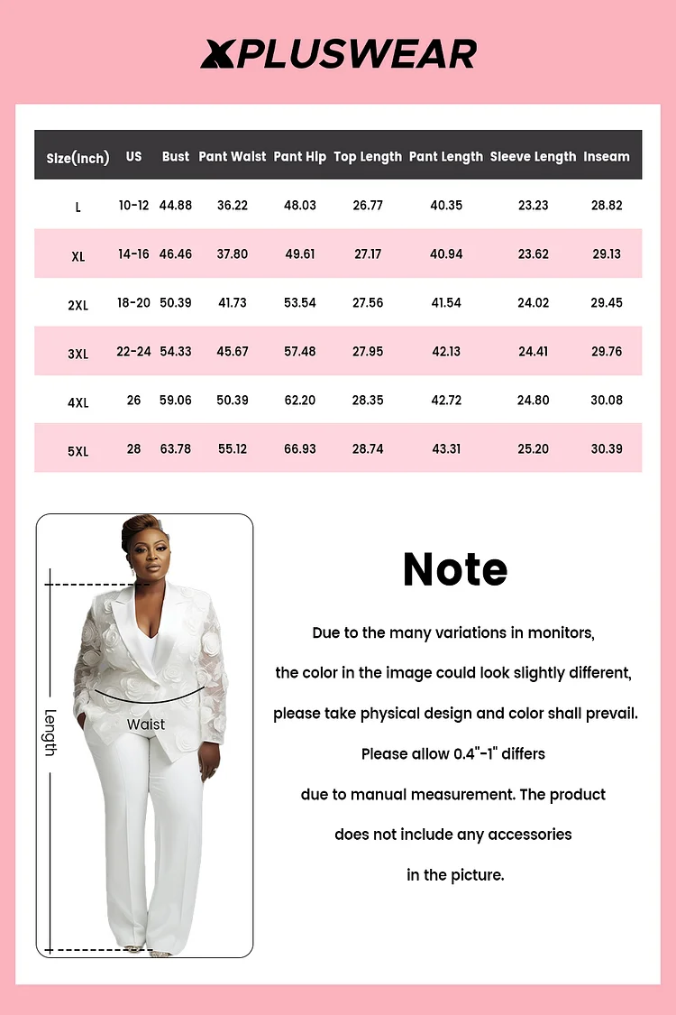 Xpluswear Design Plus Size Wedding White Elegant Lapel Collar Long Sleeve See Through 3D Two Piece Pant Suits [Pre-Order]