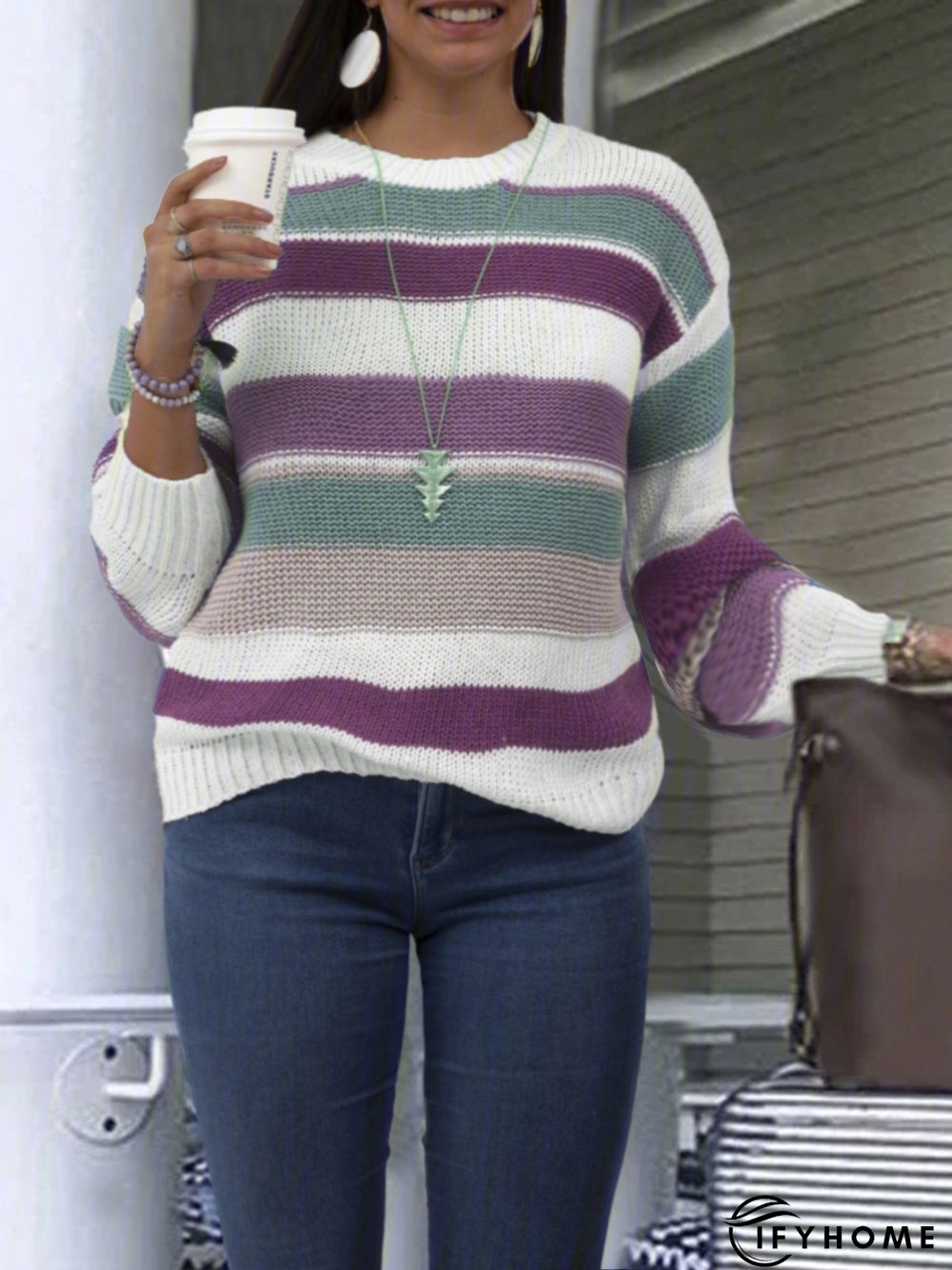 Multicolor Striped Long Sleeve Statement Sweater | IFYHOME