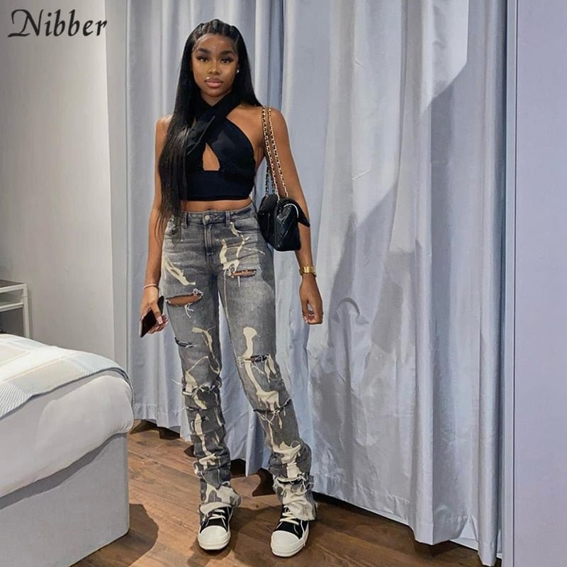 Nibber 2022 Ripped Denim Vrouwen Verontruste Jeans Skinny Hoge Taille Uitgesneden Mode Potlood Broek Streetwear Bodycon Hot Broek