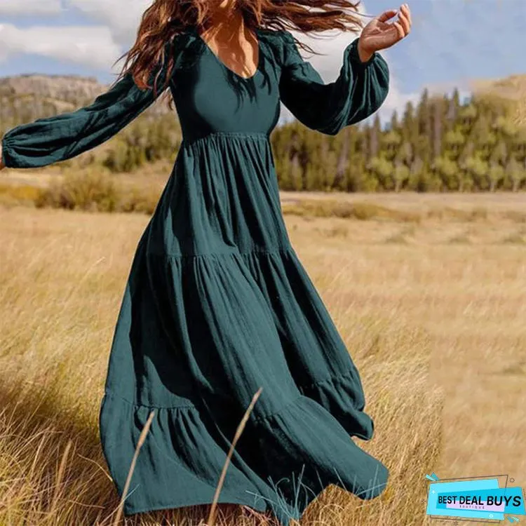 Vintage Plain Long Sleeve Casual Weaving Dress