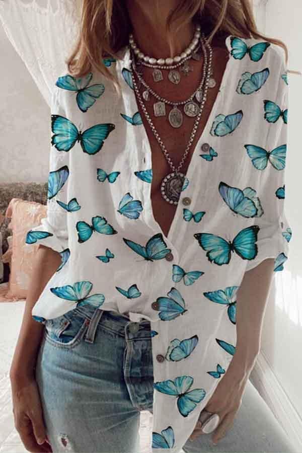 Sweet Butterfly Print Shirts-Allyzone-Allyzone