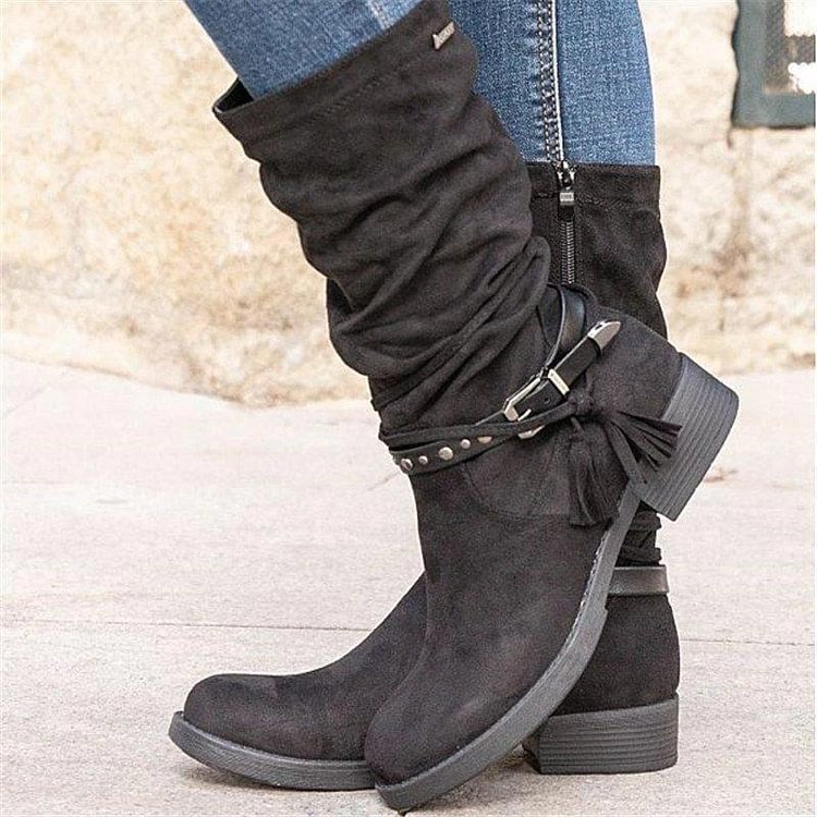 Women Simple Elegant Tassel Zipper Mid-calf Boots -boots