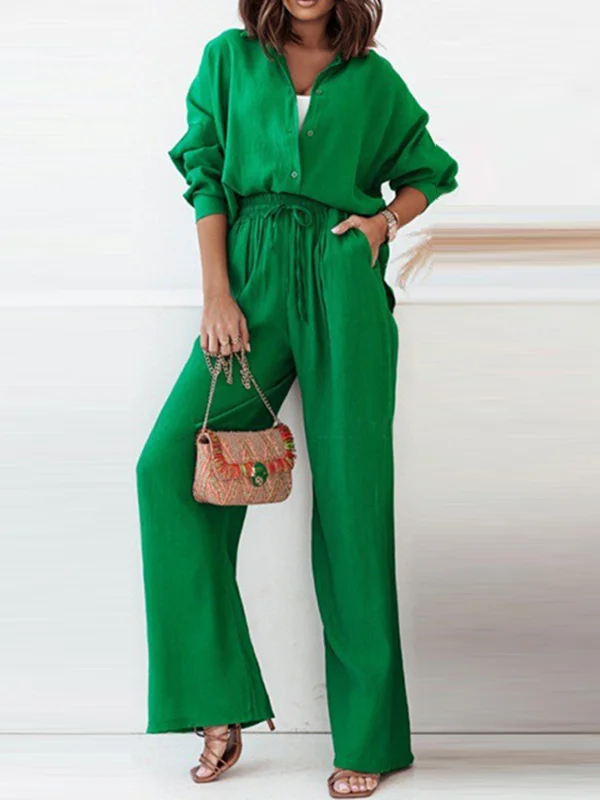 Solid Color Long Sleeves High-Low Lapel Blouses Top + Drawstring Pants Bottom Two Pieces Set